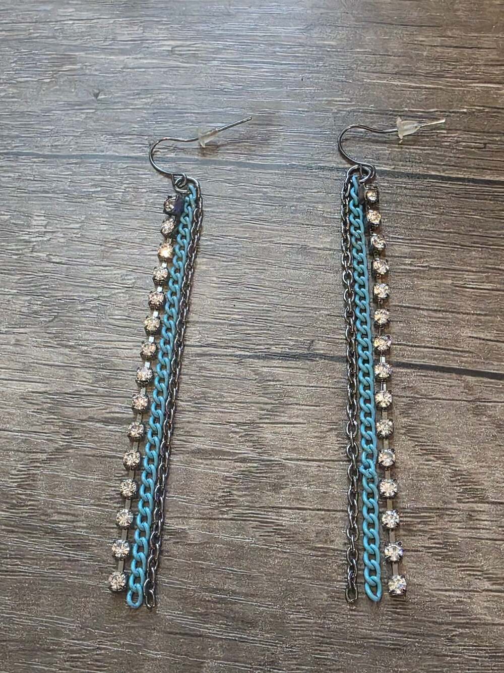 Turquoise Enamel and Rhinestone Multi-Chain Dangle Earrings